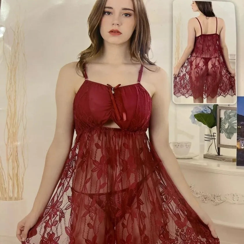 HOUX Premium Maroon Lace Nighty – Ruched Bust Floral Nightwear for Women