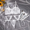 Ivory Blossom Lace 3-Piece Lingerie Set – Floral Embroidered Bra, Thong & Garter Straps