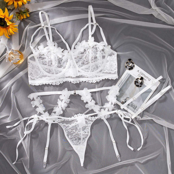 Ivory Blossom Lace 3-Piece Lingerie Set – Floral Embroidered Bra, Thong & Garter Straps